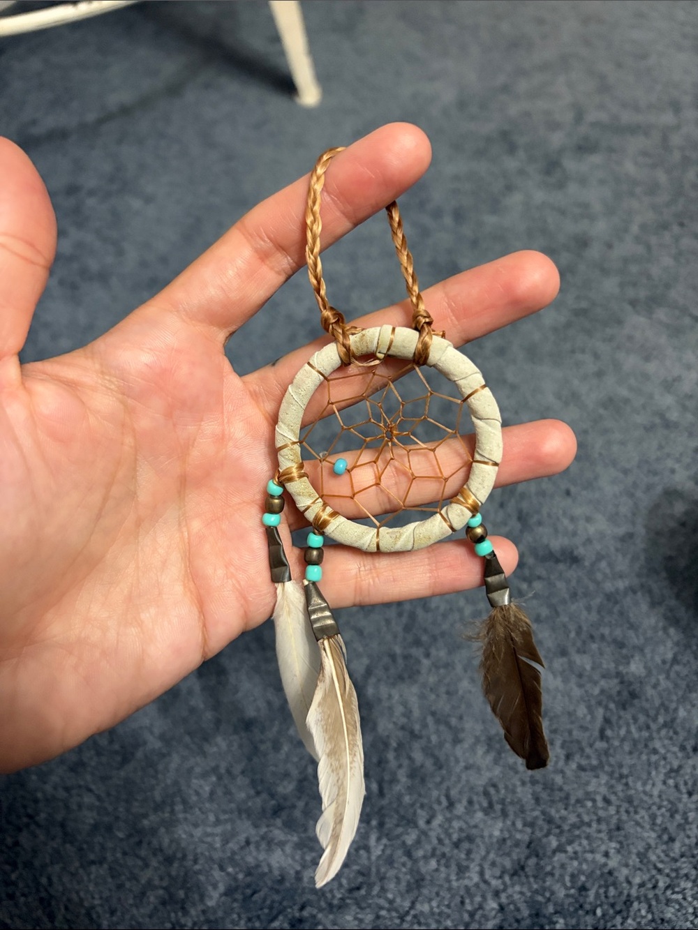 Turquoise Accent Mini Dreamcatcher Necklace - Neutral & Turquoise